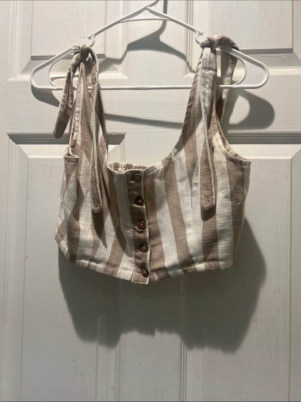 Skylar + Madison Beige and White Striped Tie-Shoulder Crop Top